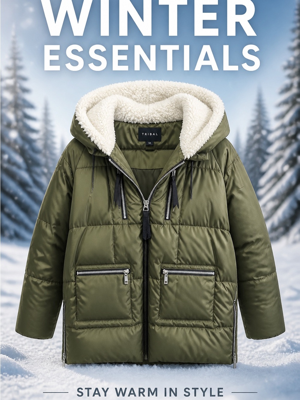 Tribal Women’s Olive Green Sherpa-Lined Puffer Jacket